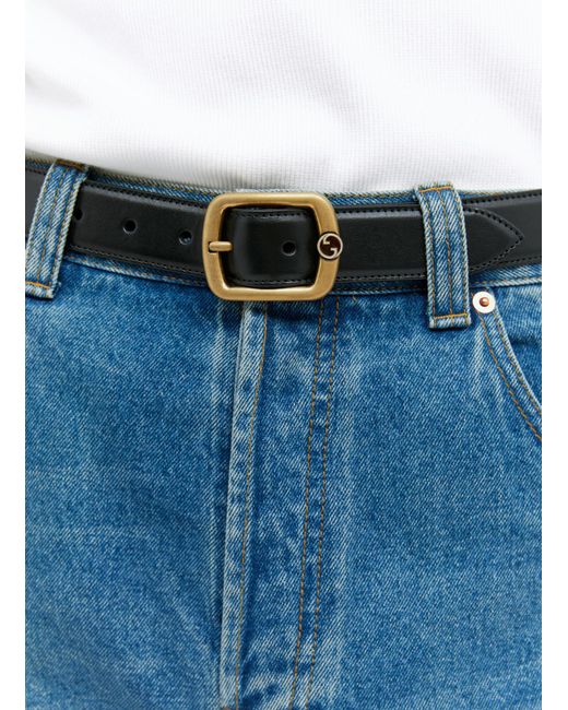 Gucci Blue Rectangle Buckle Leather Belt for men