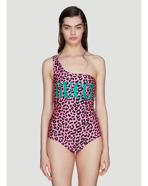 Gucci Leopard Print Sparkling Swimsuit In Pink