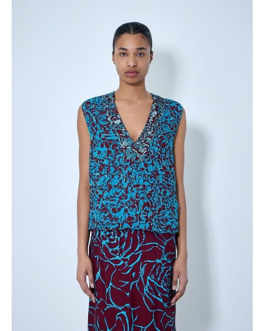 Dries Van Noten Blue Embellished V-Neck Sleeveless Top