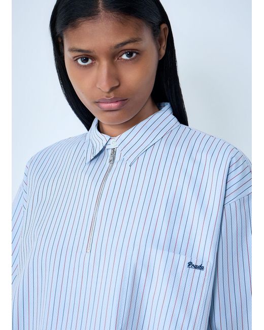 Prada Blue Half-Zip Pinstripe Shirt