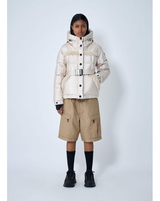 Moncler Gray Belted Down Jacket With Faux Fur Trim