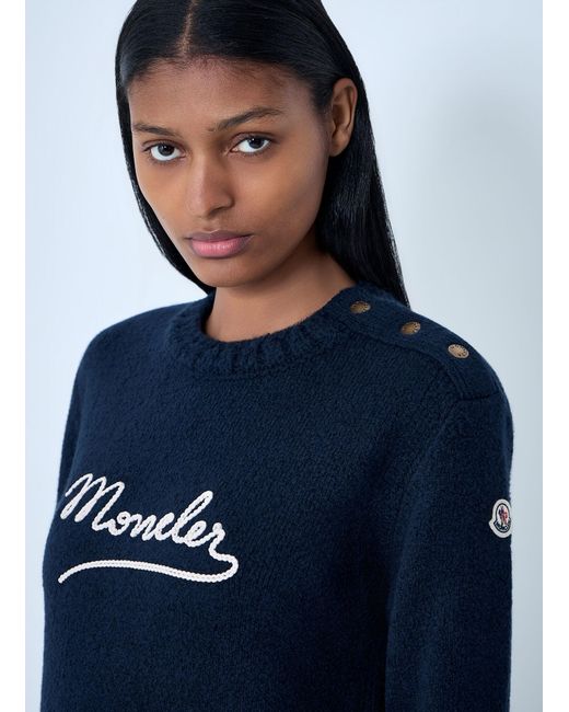 Moncler Blue Embroidered Logo Wool Sweater