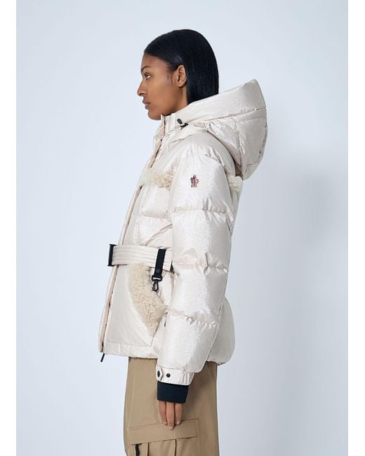 Moncler Gray Belted Down Jacket With Faux Fur Trim