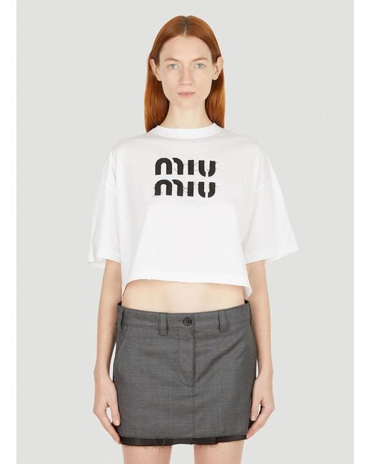 Miu Miu White Distressed Logo T-shirt