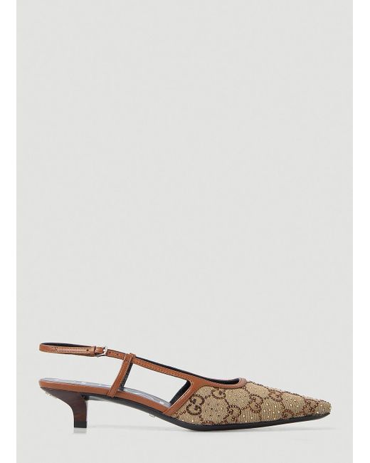 Gucci Cotton GG Slingback Kitten Heel Pump in Brown | Lyst UK