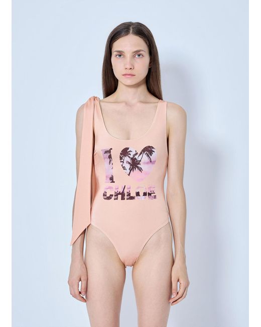 Chloé Pink Tie-strap One-piece Logo Swimsuit