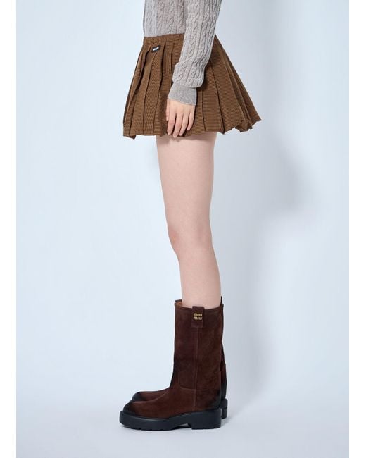 Miu Miu Brown Pleated Gingham Check Mini Skirt
