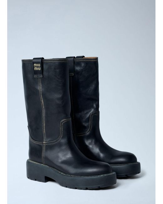Miu Miu Blue Leather Logo Motif Boots