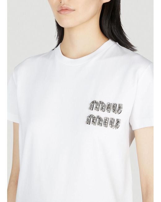 Miu Miu White Embellished Logo T-shirt