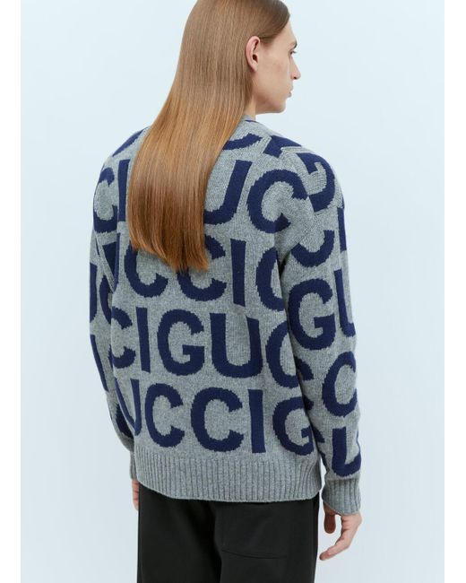 Gucci Blue Logo Intarsia Wool Cardigan for men