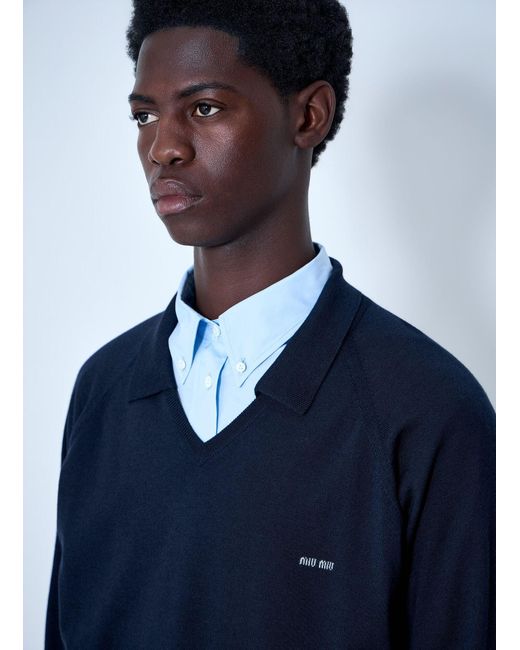 Miu Miu Blue V-Neck Knit Sweater for men