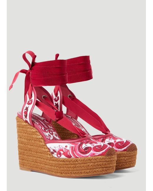 Dolce & Gabbana Red Printed Brocade Wedge Sandals