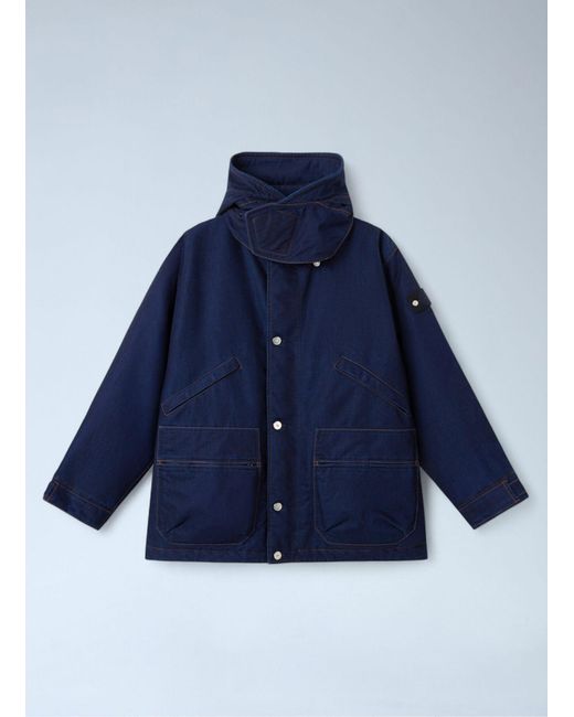 Stone Island Blue Denim Hooded Short Parka Jacket for men