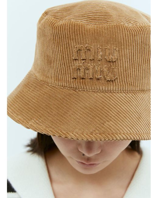 Miu Miu Brown Embossed Logo Velvet Bucket Hat