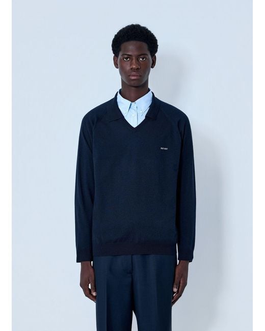 Miu Miu Blue V-Neck Knit Sweater for men