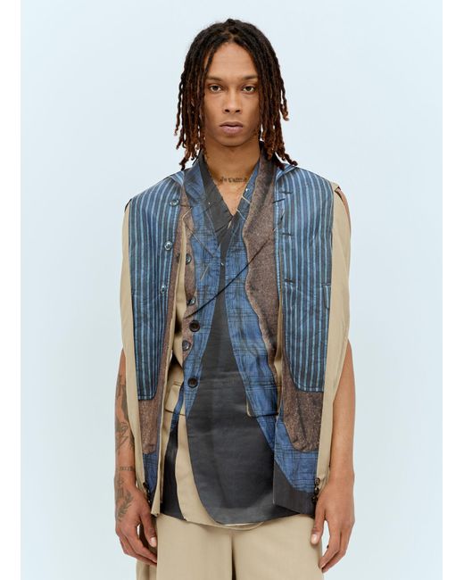 Comme des Garçons Blue Printed Double-Breasted Blazer for men