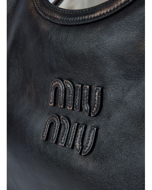 Miu Miu Black Leather Logo Motif Tote Bag