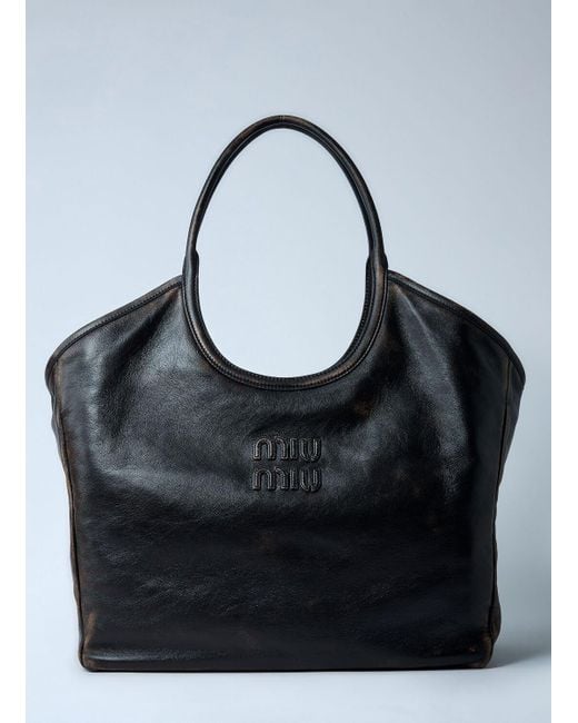 Miu Miu Black Leather Logo Motif Tote Bag