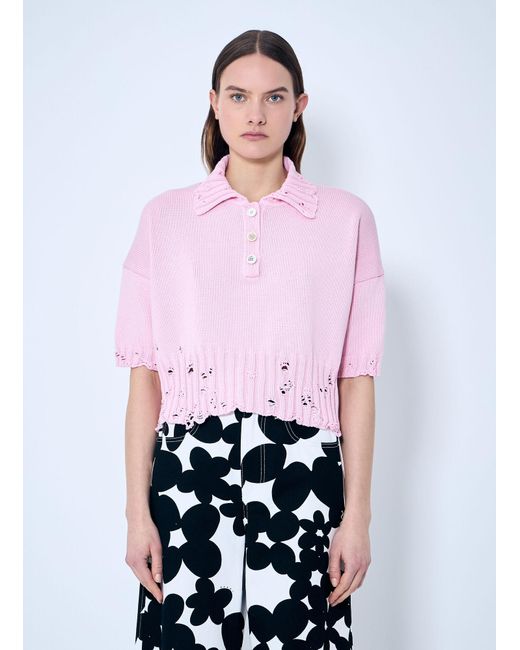 Marni White Distressed Knit Polo Shirt