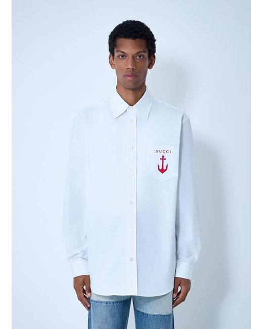 Gucci White Logo Embroidery Button-Down Shirt for men