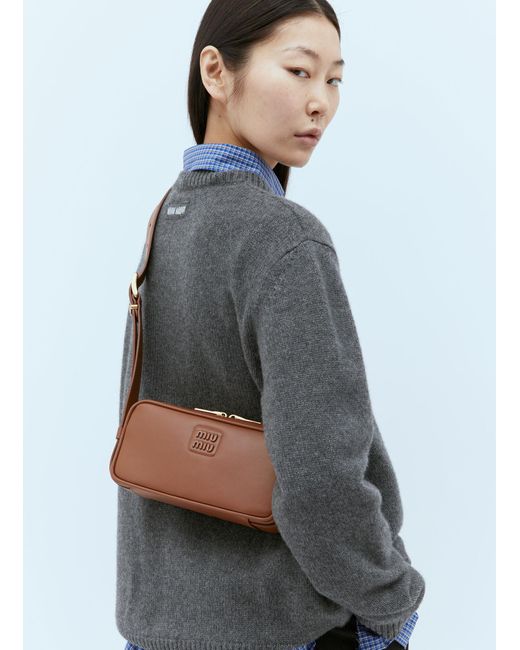 Miu Miu Gray Logo Plaque Leather Shoulder Bag