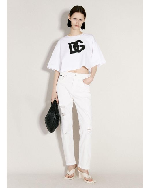 Dolce & Gabbana White Crop Logo Print T-shirt