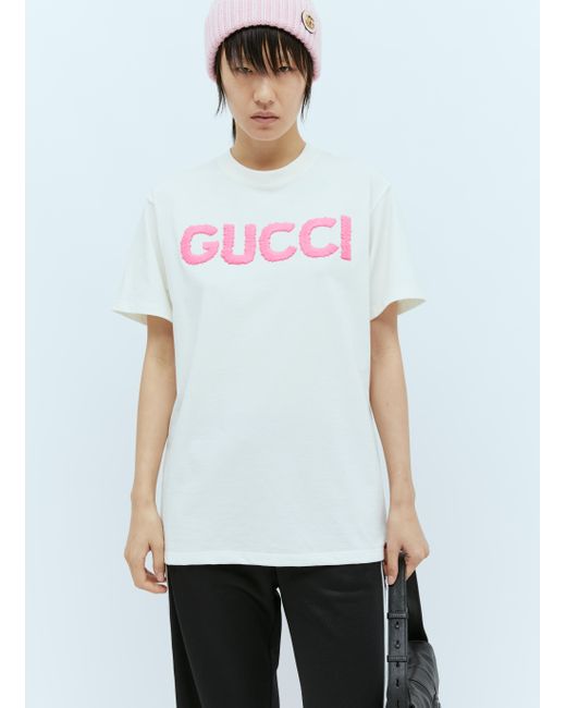 Gucci Logo Embroidery Cotton Jersey Tshirt in White Lyst