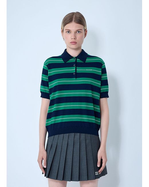 Miu Miu Green Striped Logo Motif Polo Shirt