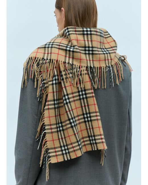 Burberry Gray Check Cashmere Fringed Scarf