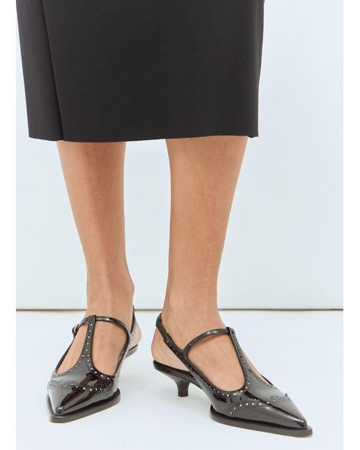 Miu Miu Black Leather Brogue Slingback T-Strap Pumps