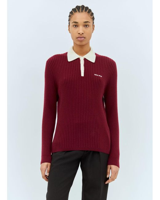 関税込【MiuMiu】Knitted silk and cashmere polo shirt Navy Cashmere And Silk Knit Polo Shirt | Miu Miu