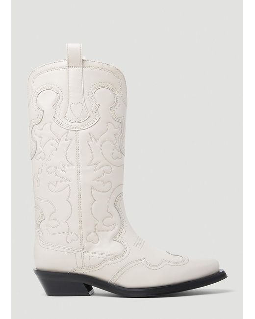 Ganni White Embroidered Western Boots