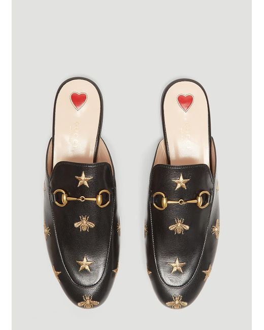 Gucci Princetown Bee & Star Embroidered Leather Backless Mules In Black |  Lyst UK