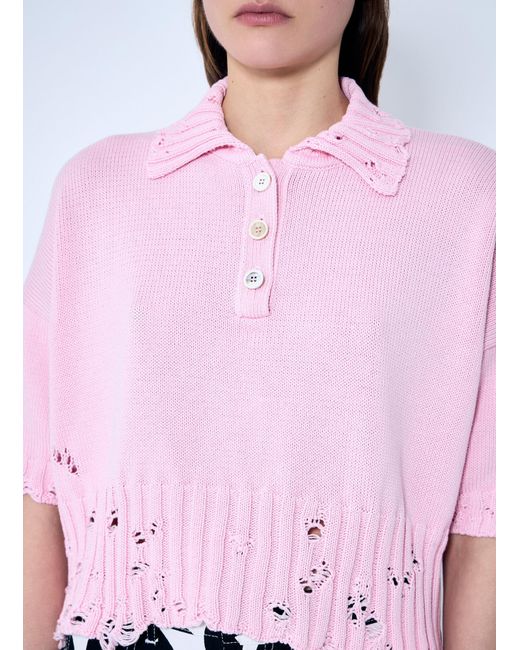 Marni White Distressed Knit Polo Shirt