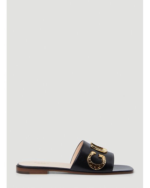 Gucci Leather Letter Plaque Flat Sandals in Black | Lyst UK