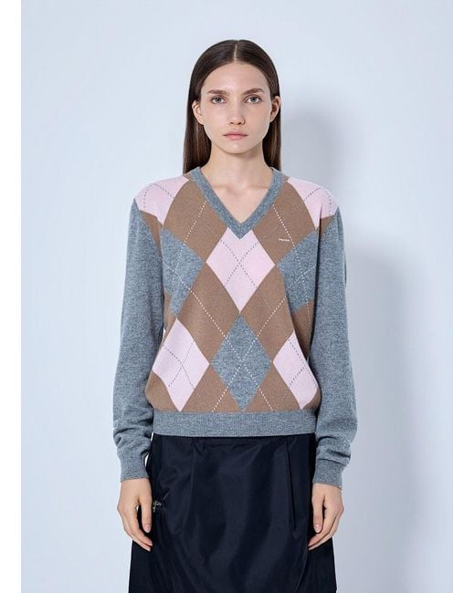 Prada Blue Argyle V-Neck Sweater