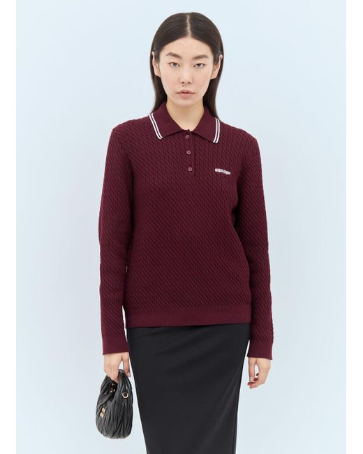 Miu Miu Cable Knit Polo Shirt in Red | Lyst
