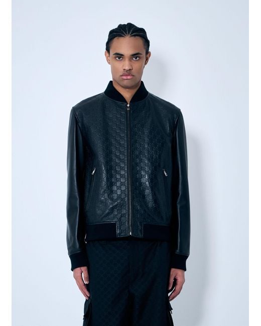 Gucci Blue Embossed Gg Leather Bomber Jacket for men