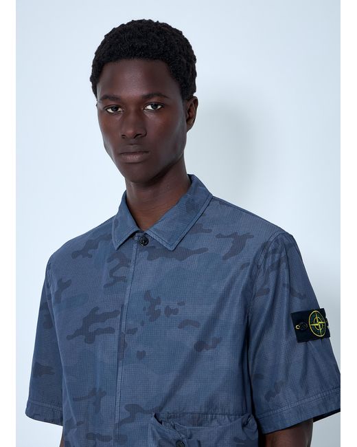 Stone Island Blue Short-Sleeve Overshirt With Flap Pockets for men