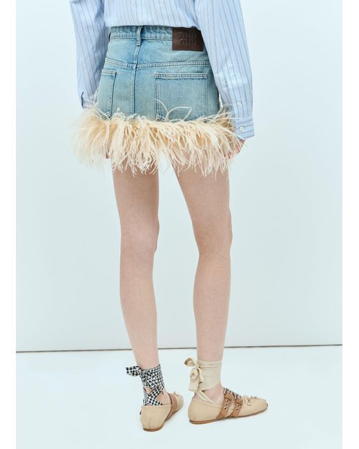Miu Miu Blue Feather-trimmed Denim Mini Skirt