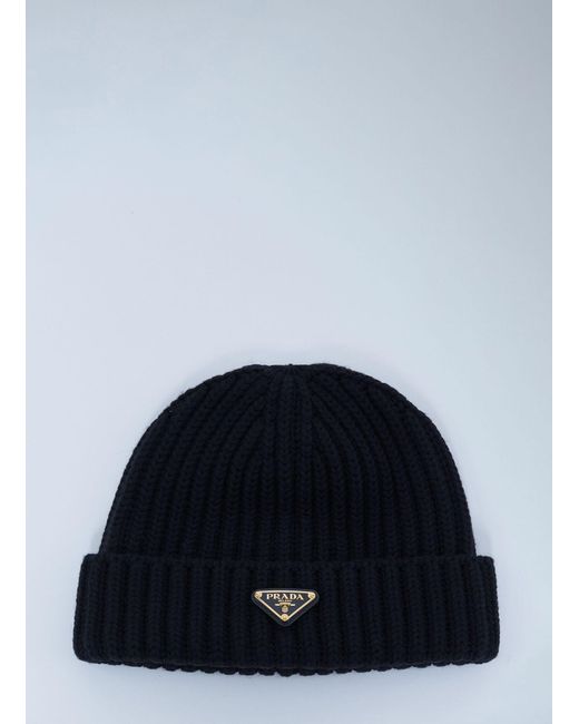 Prada Blue Logo Motif Beanie Hat