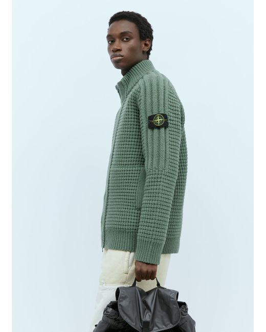 Stone Island Green Padded Lined Wool Knit Cardigan for men
