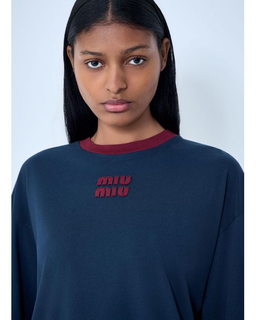 Miu Miu Blue Cotton Jersey Sweatshirt With Logo Motif