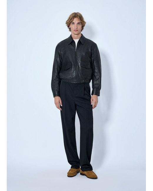 Saint Laurent Blue Zip-Front Leather Jacket for men