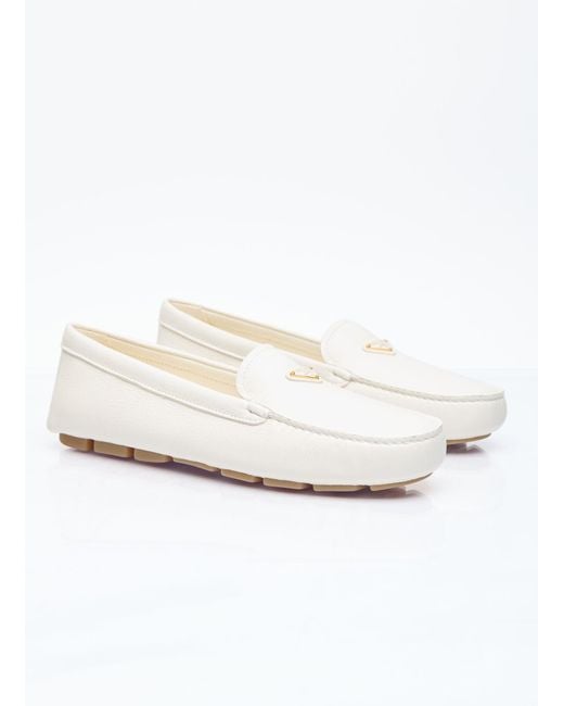 Prada White Driver Leather Loafers