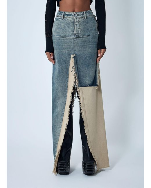 Rick Owens Blue Denim Distressed Maxi Skirt