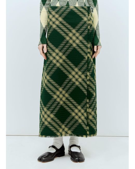 Burberry Green Wool Check Midi Skirt