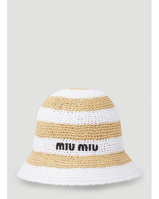 Miu Miu White Logo Embroidered Crochet Bucket Hat