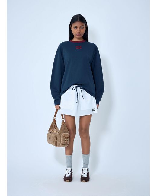 Miu Miu Blue Cotton Jersey Sweatshirt With Logo Motif