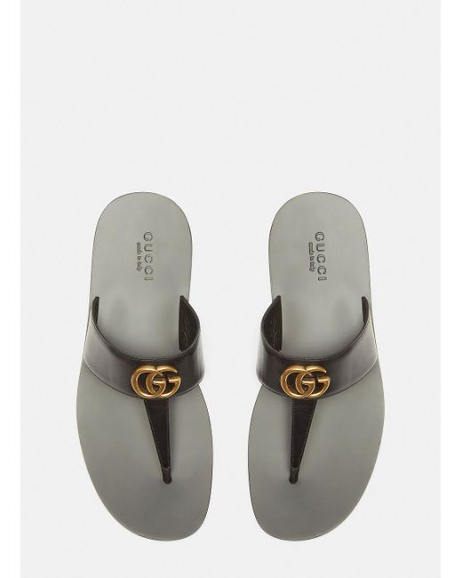 Black Leather Thong Sandal With Double G